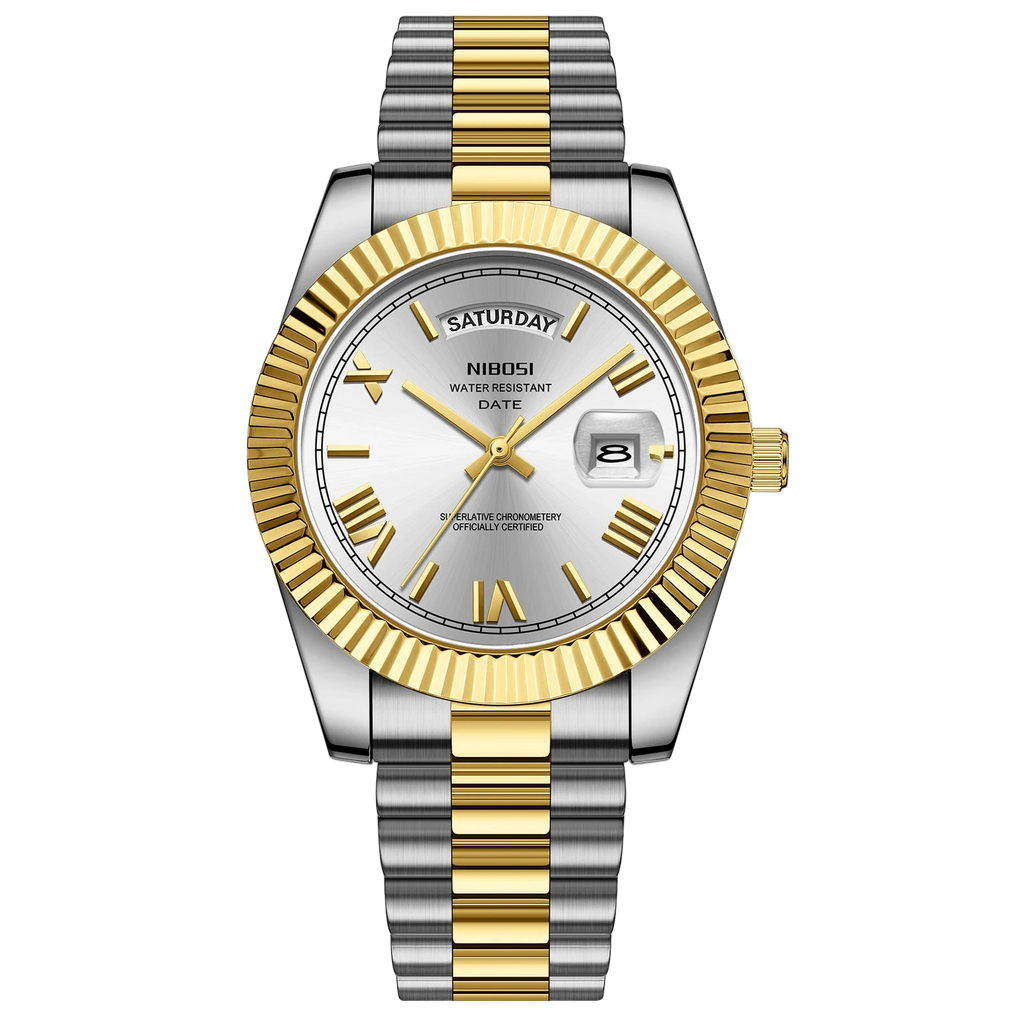 NIBOSI watch with silver and gold band on a white background