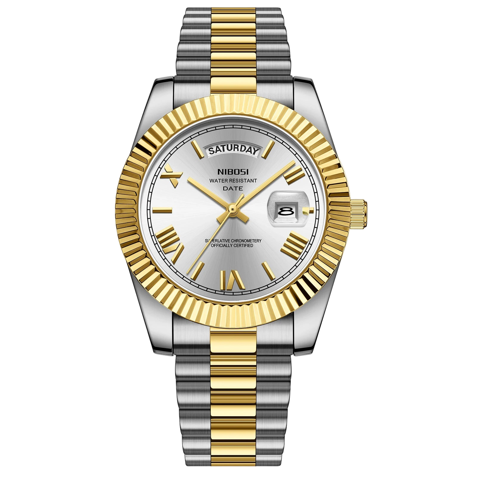 NIBOSI watch with silver and gold band on a white background