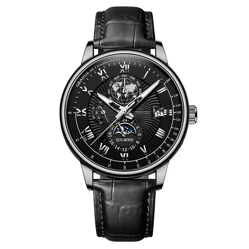 Black wristwatch with detailed face on a white background