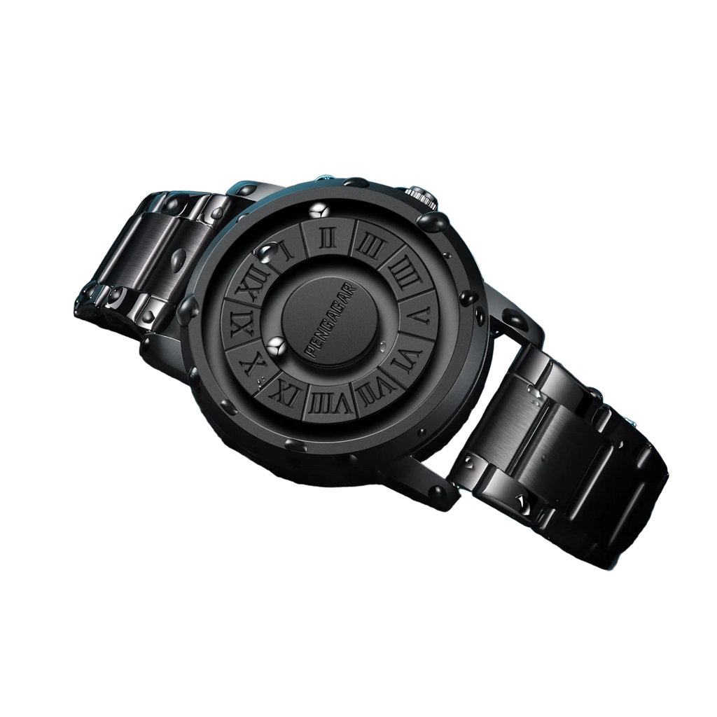Black wristwatch with water resistance text on a water background