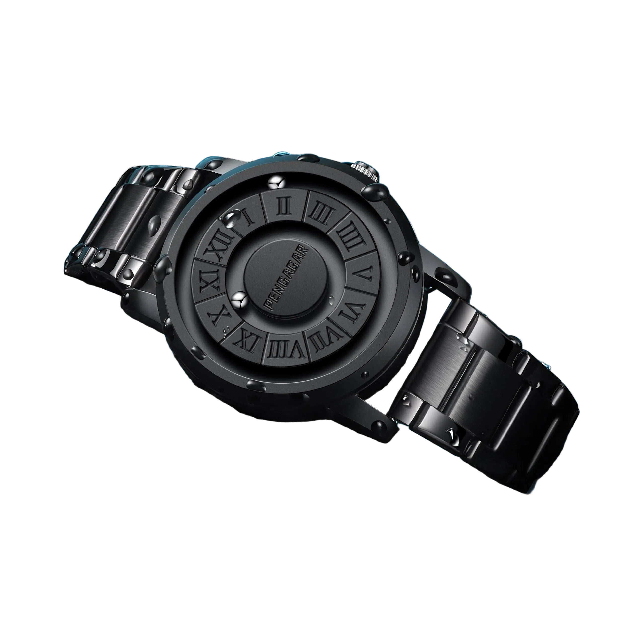 Black wristwatch with water resistance text on a water background