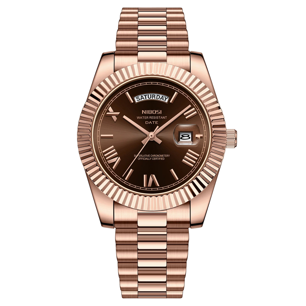 Rose gold watch with brown dial on a white background, featuring the NIBOSI brand.