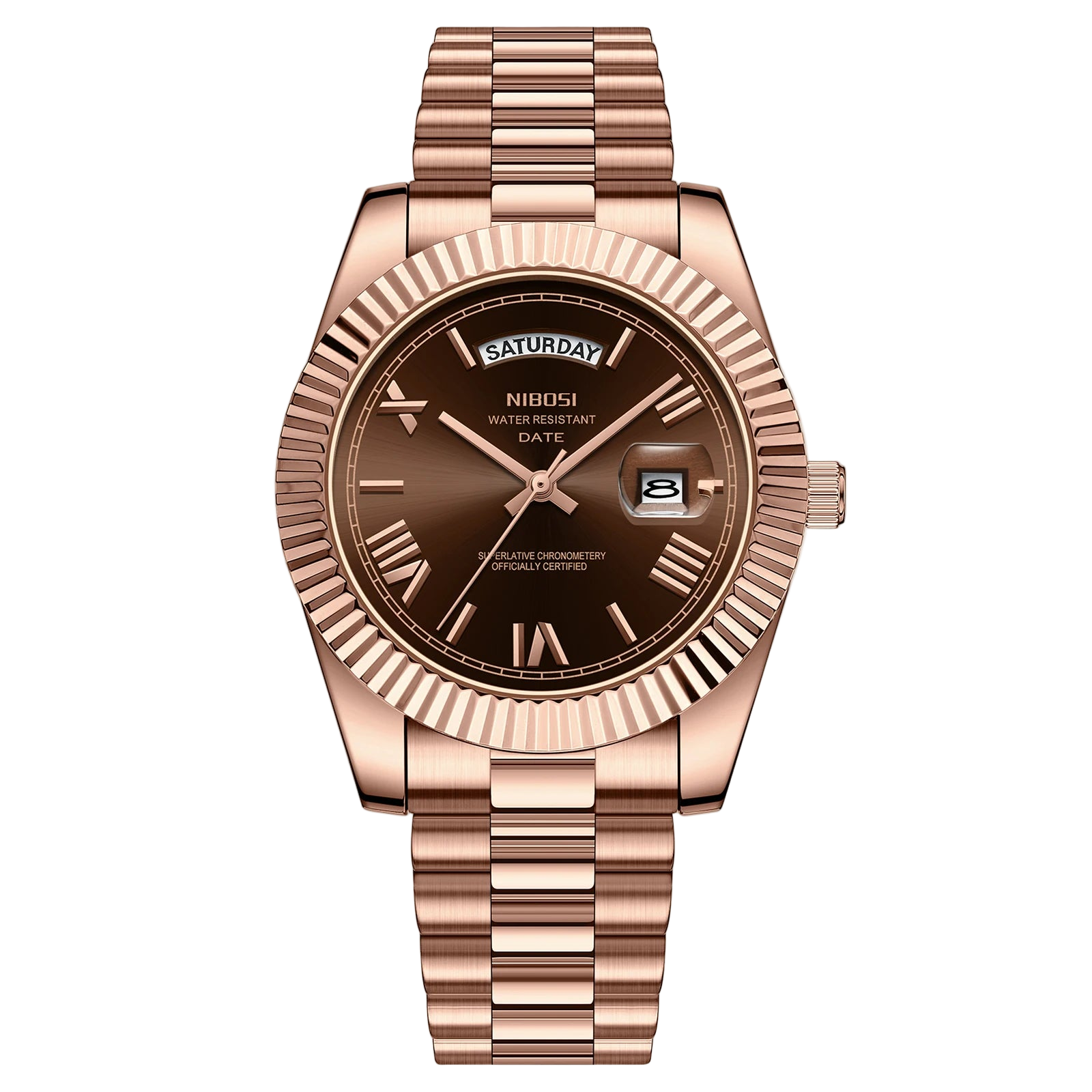 Rose gold watch with brown dial on a white background, featuring the NIBOSI brand.