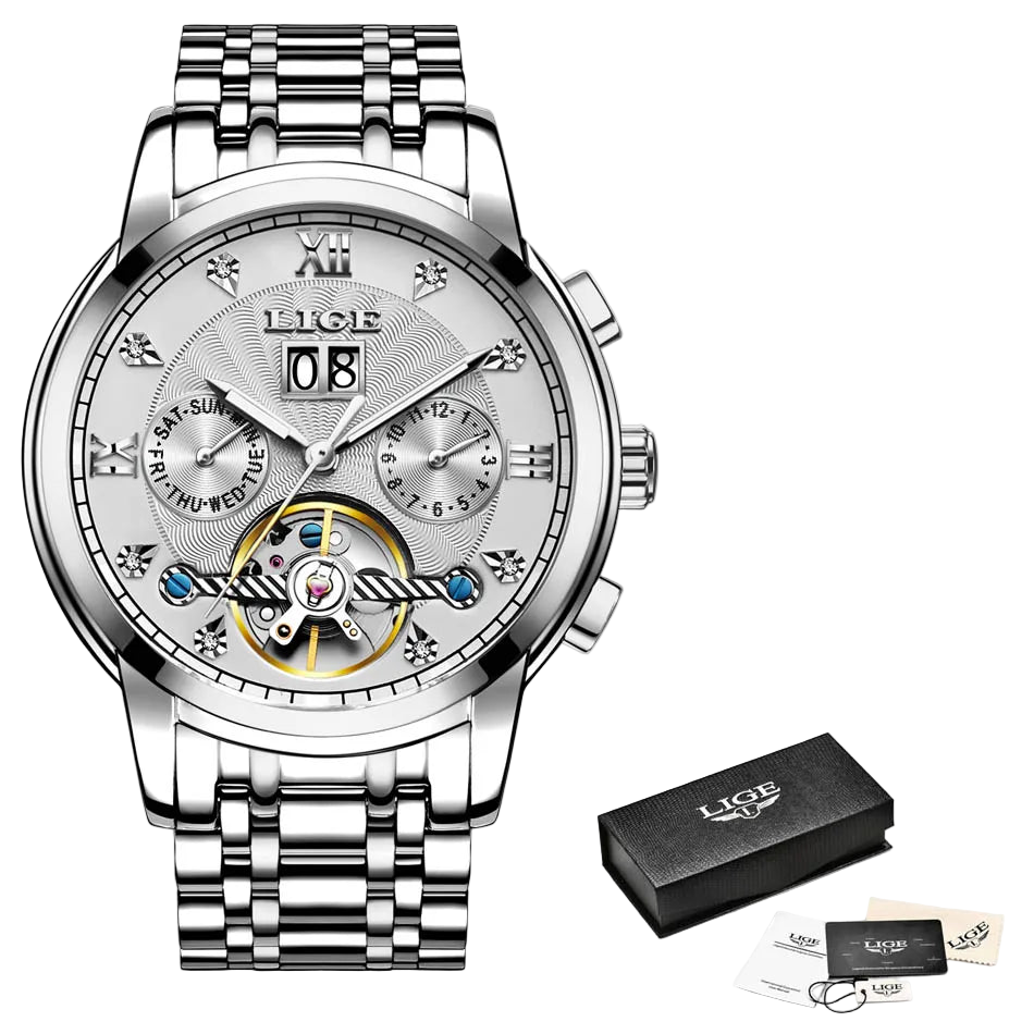 2025 LIGE Mens Watches Automatic Mechanical Watch Tourbillon Sport Clock Leather Casual Business Retro Wristwatch Relojes ...