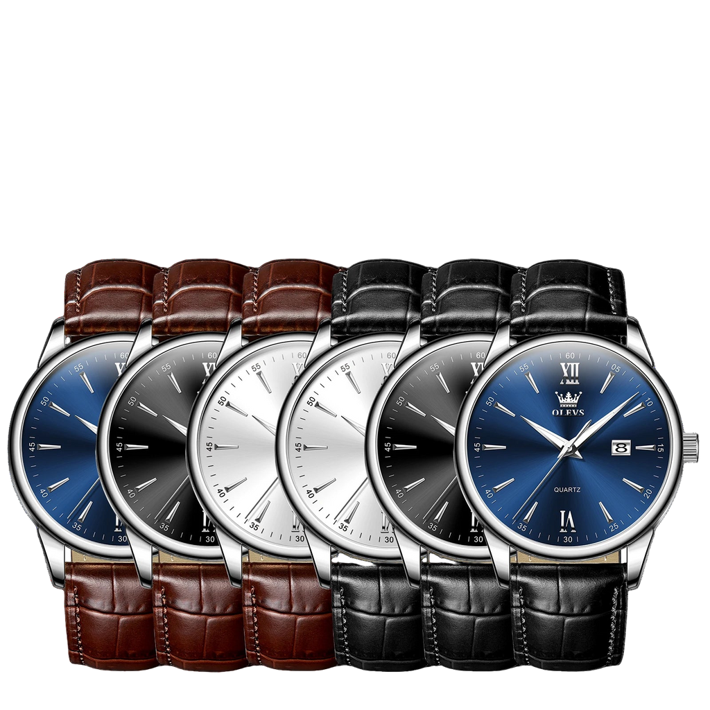 Five watches with different colored faces and brown leather straps, displayed in front of the OLEVS logo.