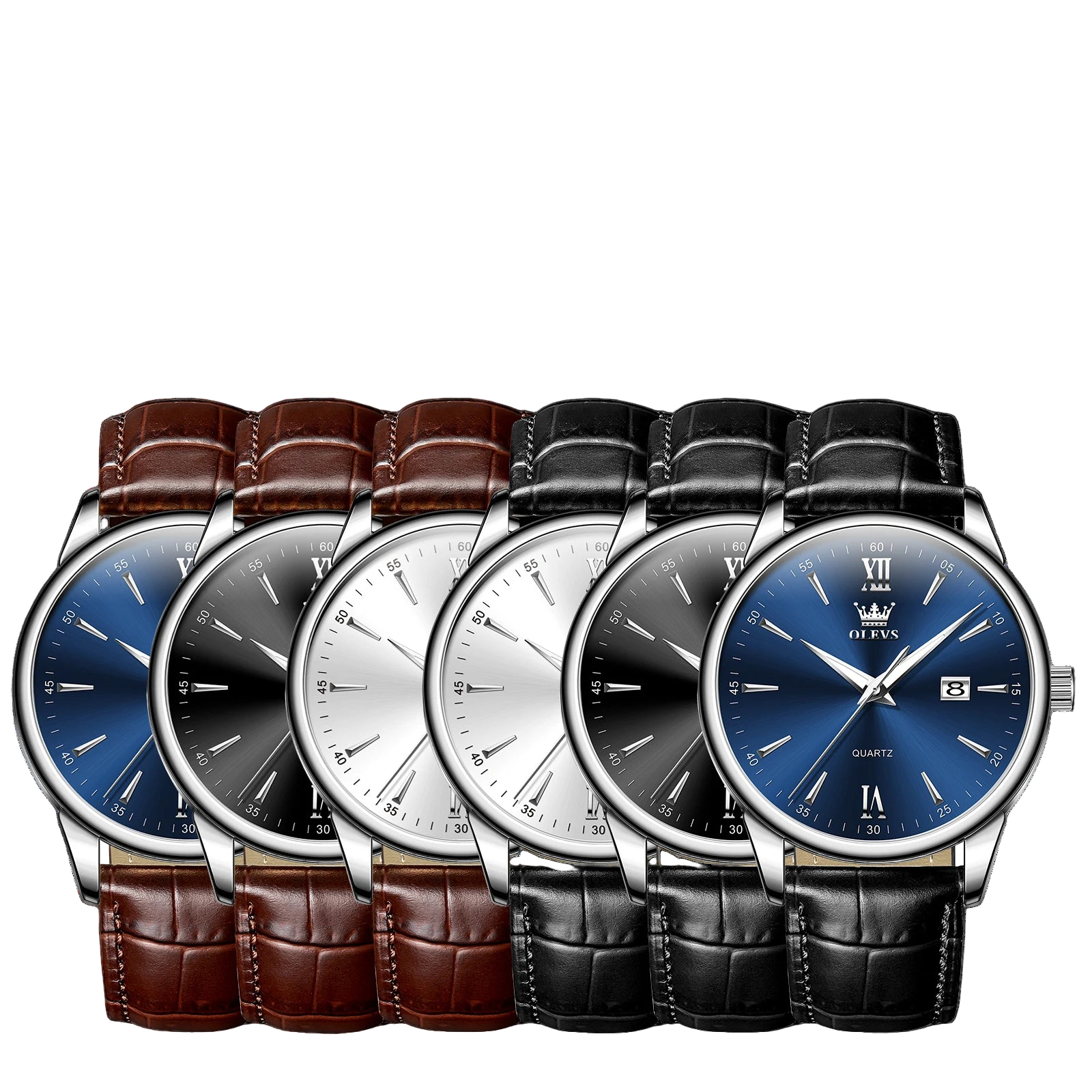 Five watches with different colored faces and brown leather straps, displayed in front of the OLEVS logo.