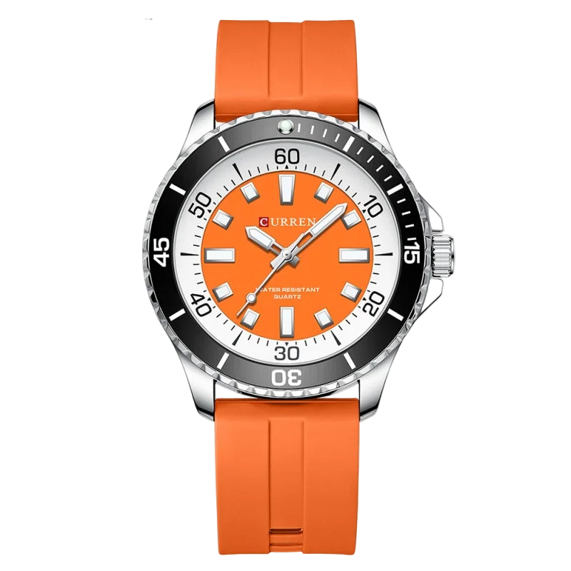 Orange watch with a white face on an orange strap, featuring the brand 'Curren'.
