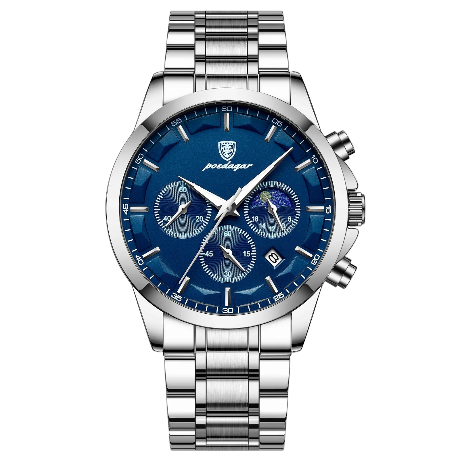 Silver watch with blue dial on a white background, featuring the Poedagar brand.