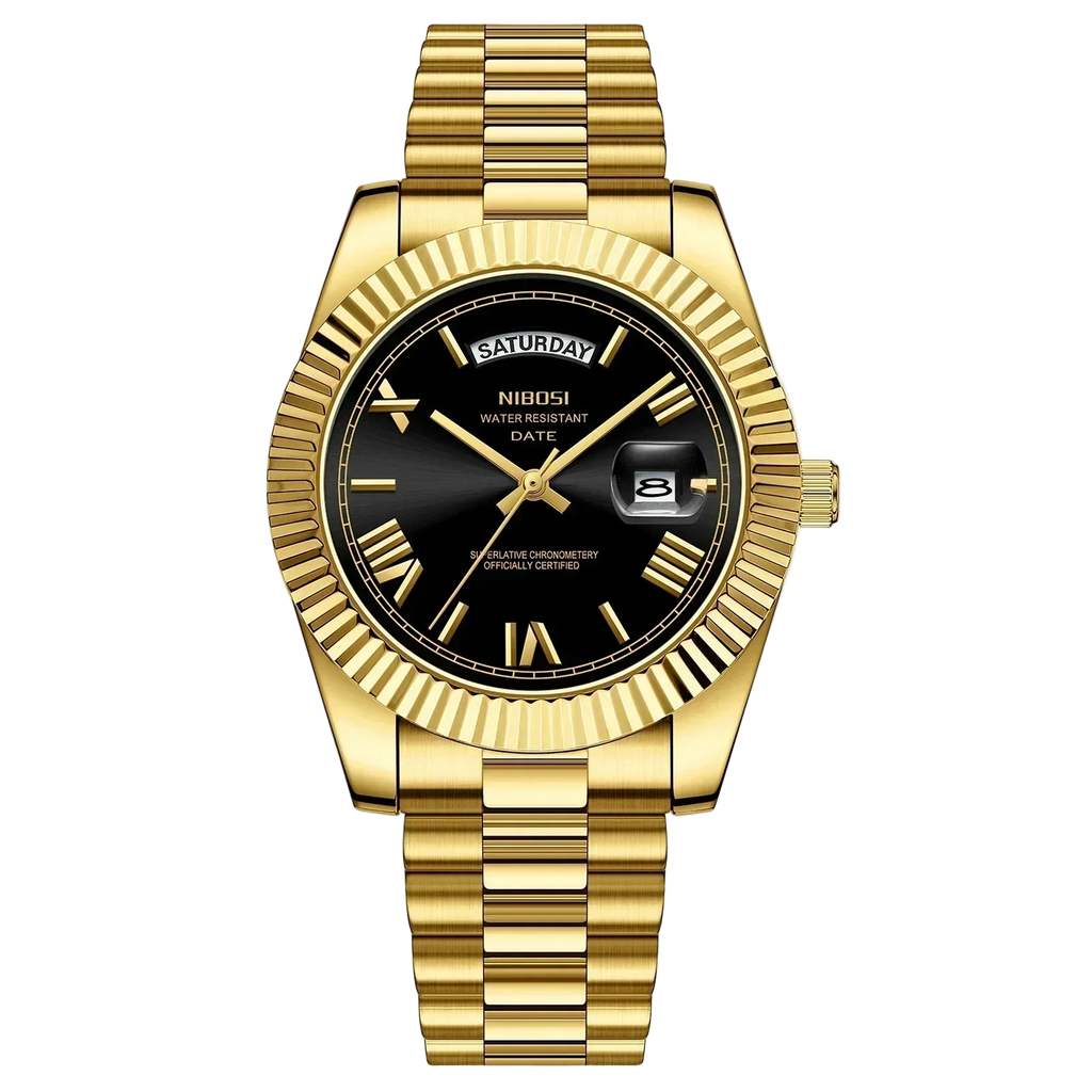 Gold wristwatch with black dial on a white background, featuring the brand 'NIBOSI'.