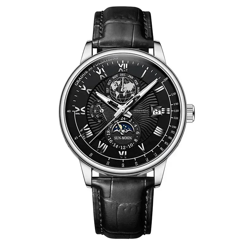 Black wristwatch with detailed face on a white background