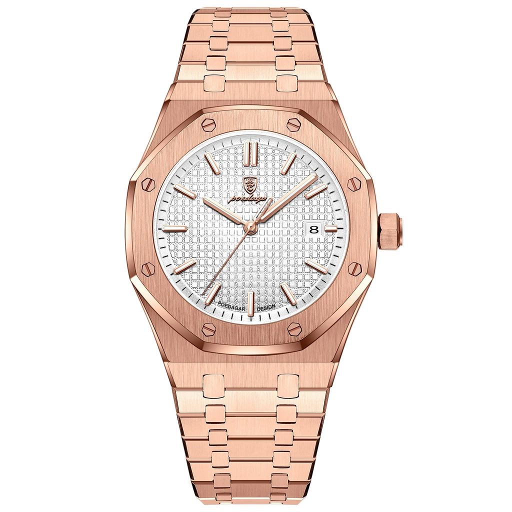 Rose gold watch with white face on a white background, featuring the Poedagar brand.