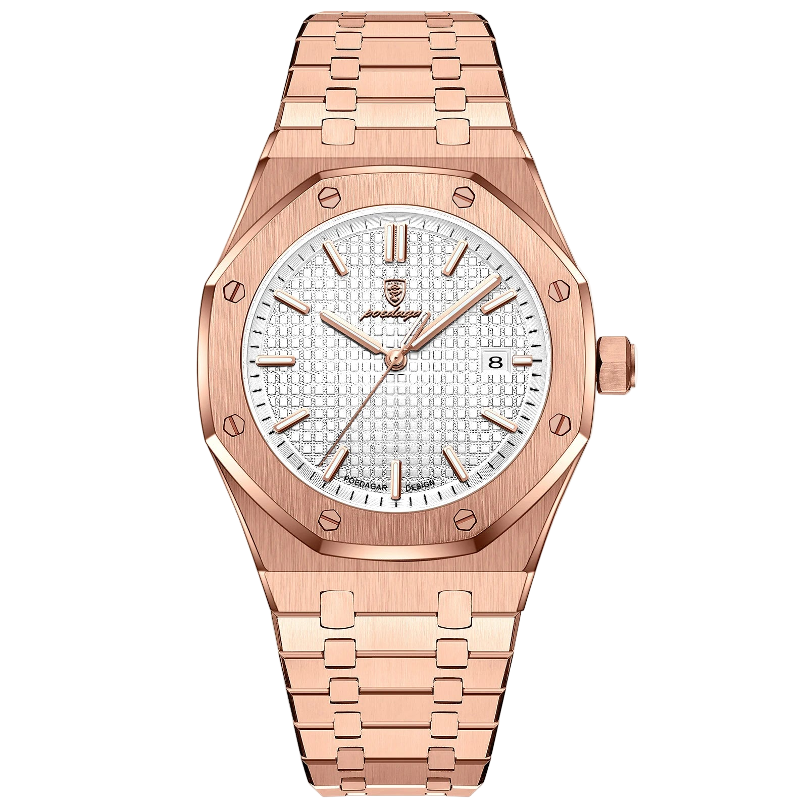 Rose gold watch with white face on a white background, featuring the Poedagar brand.