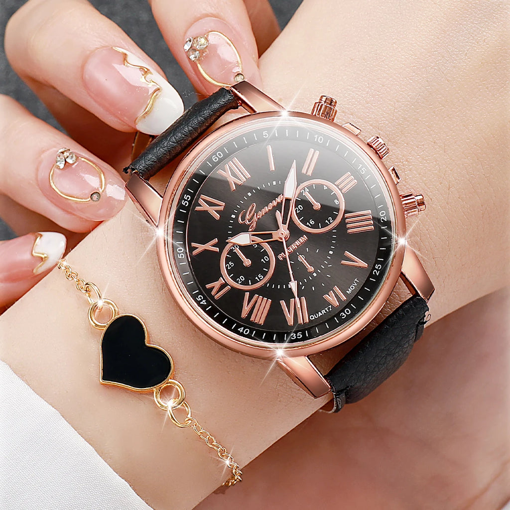 4PCS/Set Couple's Watches Fashion Roma Dial Women Quartz Watch Leather Band Wristwatches Heart Bracelets Set（Without Box） ...