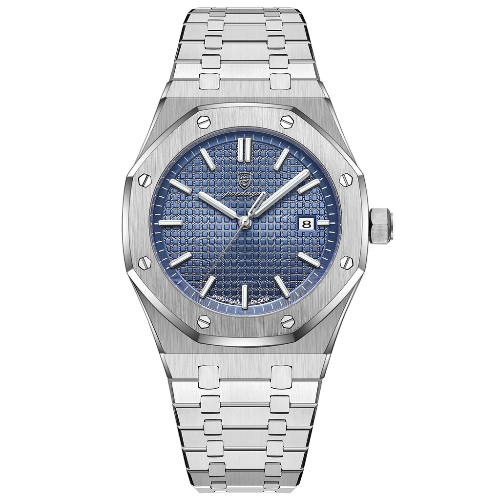 Silver watch with blue face on a white background, featuring the POEDAGAR brand.