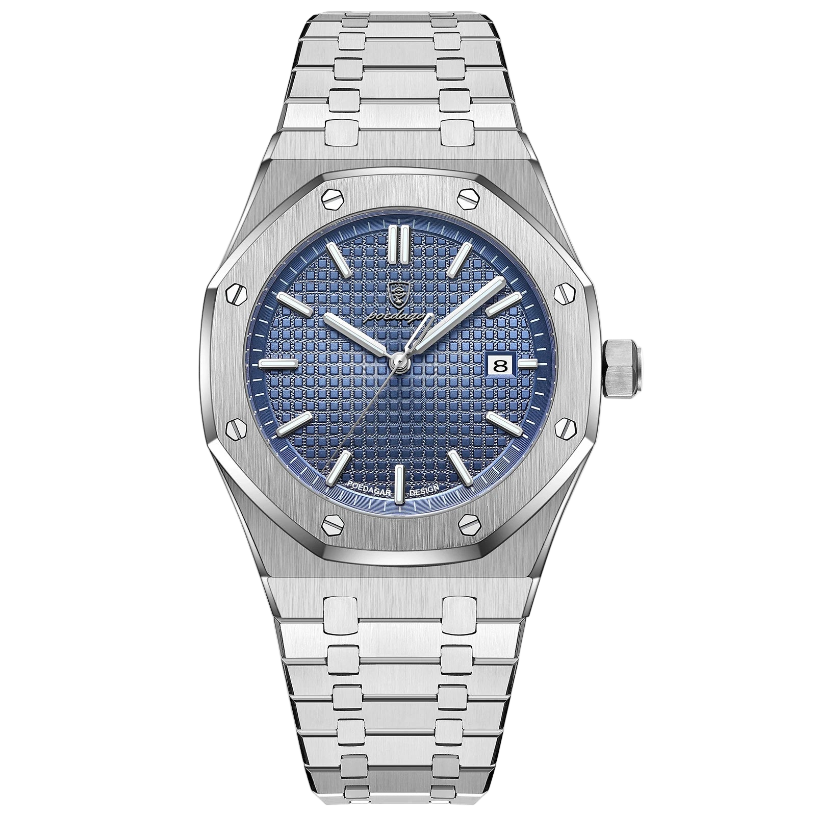 Silver watch with blue face on a white background, featuring the POEDAGAR brand.