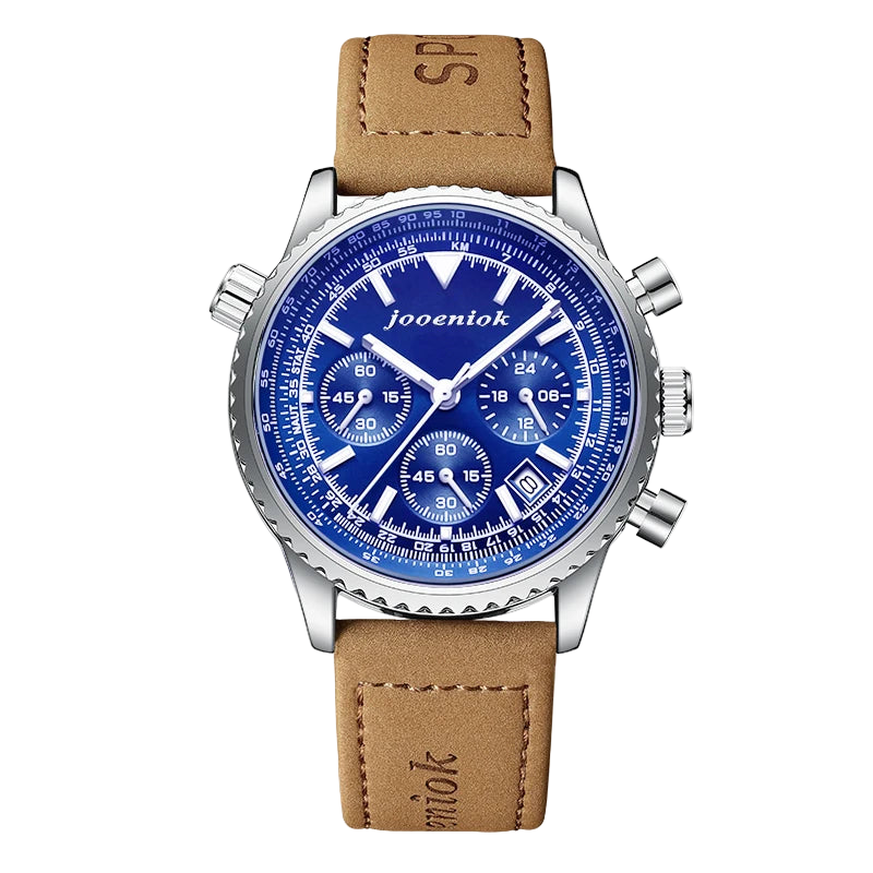 Watch with blue face and brown leather strap on a white background, featuring the brand 'jooeniok'.