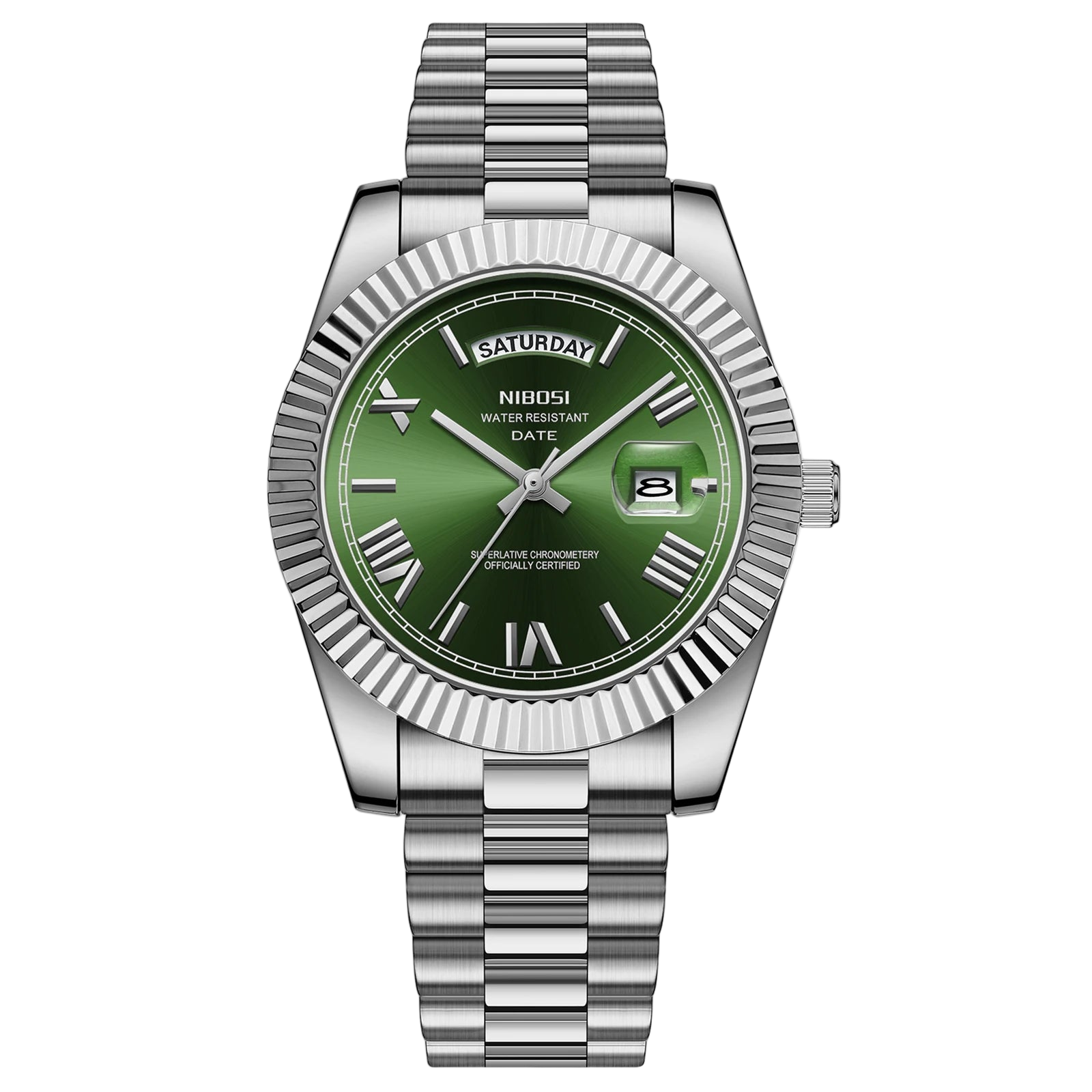 NIBOSI watch with green dial and silver bracelet on a white background