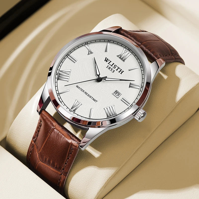 Watch with brown leather strap and white dial on beige surface