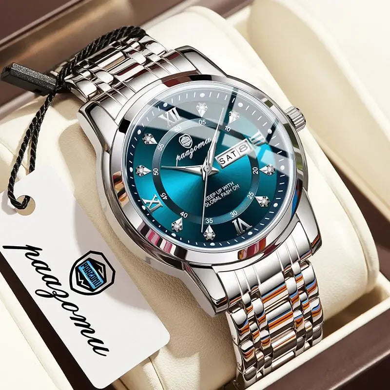 POEDAGAR Business Men Watch Date Week Waterproof Luminous Luxury Man Wristwatch Sports Stainless Steel Men's Quartz Watche...