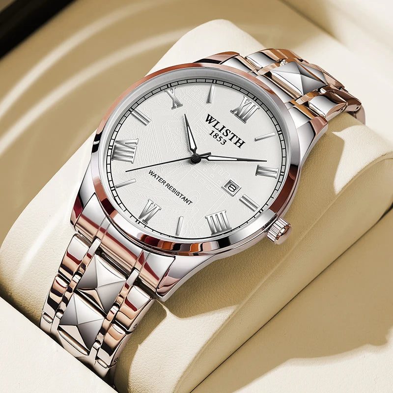 Luxury watch with rose gold and silver band on a beige surface