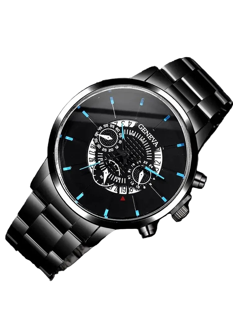 Black wristwatch with detailed face on a dark background
