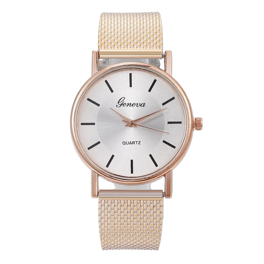 Gold watch with white face and 'Geneva' branding on a white background