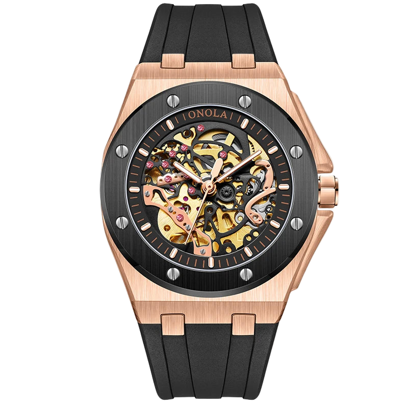 Luxury watch with black strap and rose gold case on white background