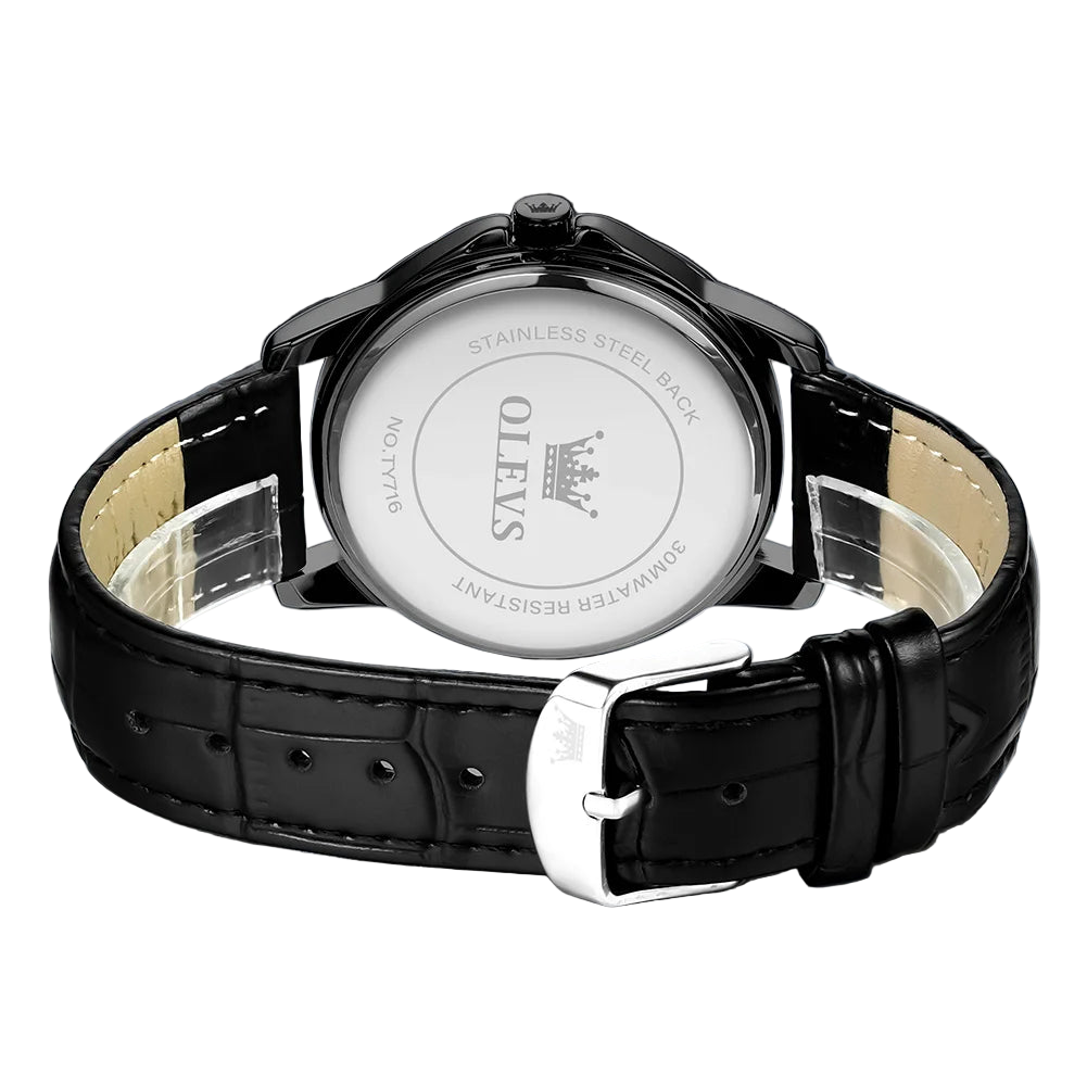Black watch with OLEVS branding on a dark background