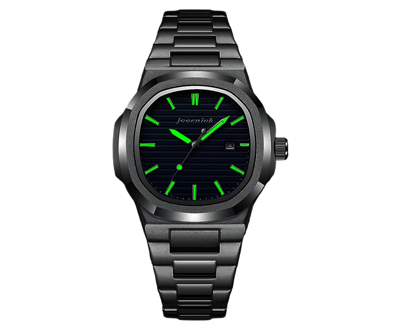 Watch with green glowing face on a black background