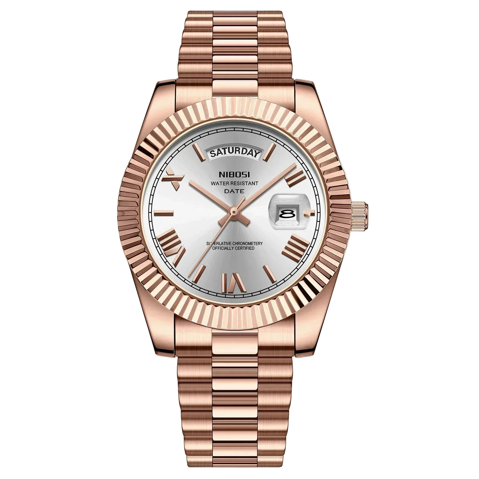 Rose goldNibosi watch with white dial on a white background