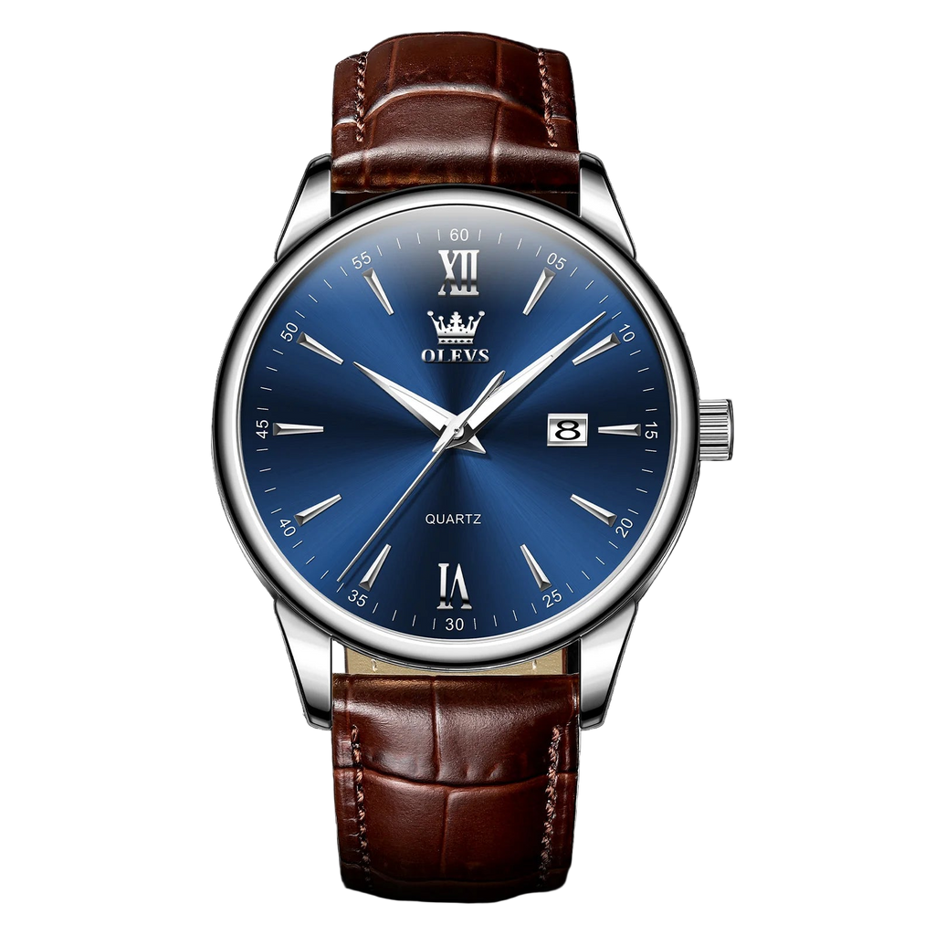 Watch with brown leather strap and blue dial on a dark textured background
