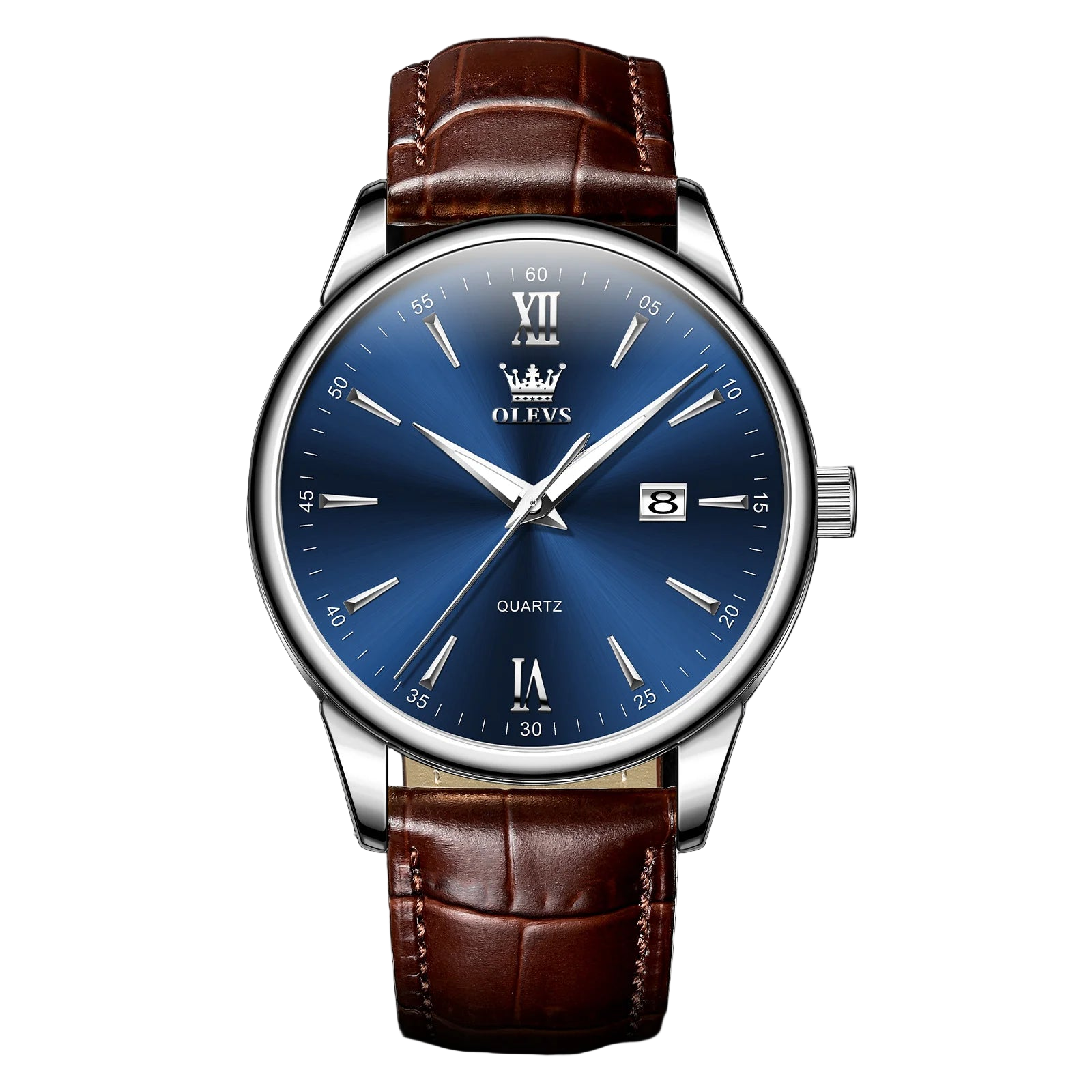 Watch with brown leather strap and blue dial on a dark textured background