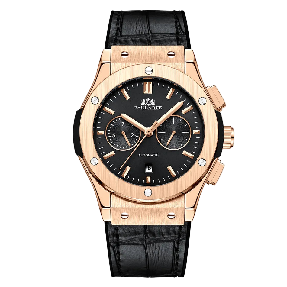 Luxury watch with rose gold case and black leather strap on a white background