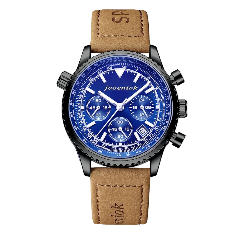 Wristwatch with blue dial and brown leather strap on a white background, featuring the brand 'jooeniok'.