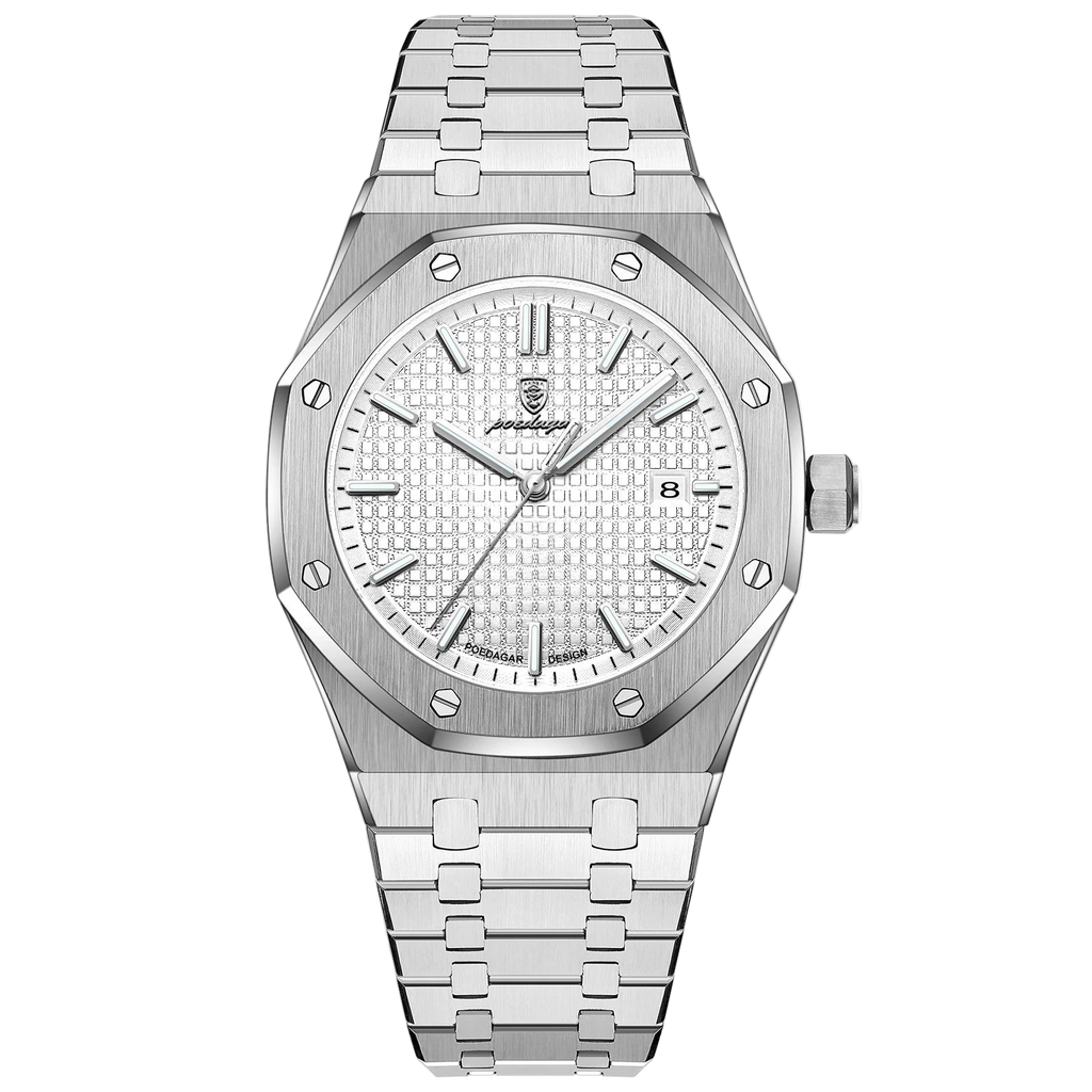 Silver watch with detailed face on a white background, featuring the POEDAGAR brand.