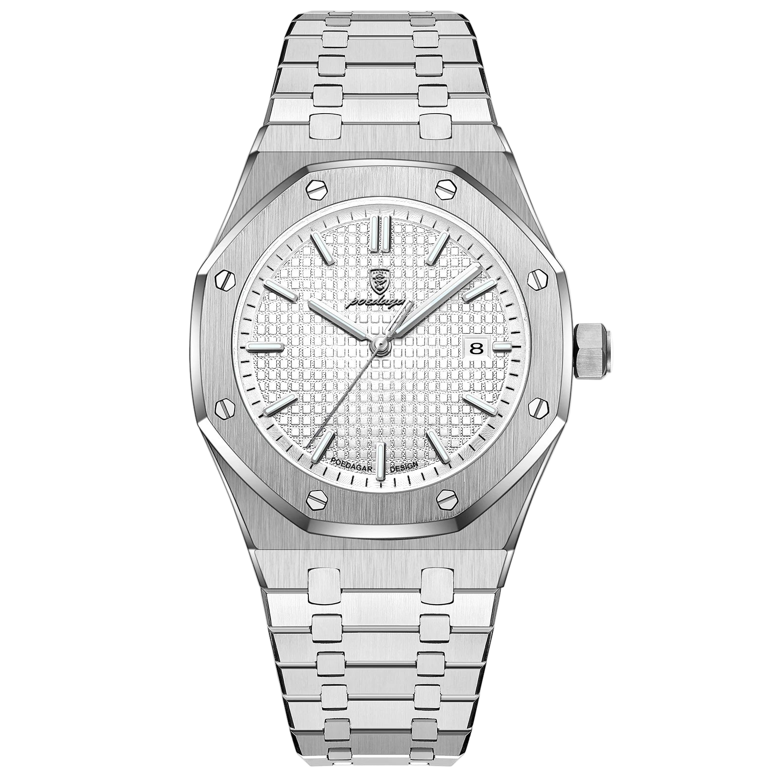 Silver watch with detailed face on a white background, featuring the POEDAGAR brand.