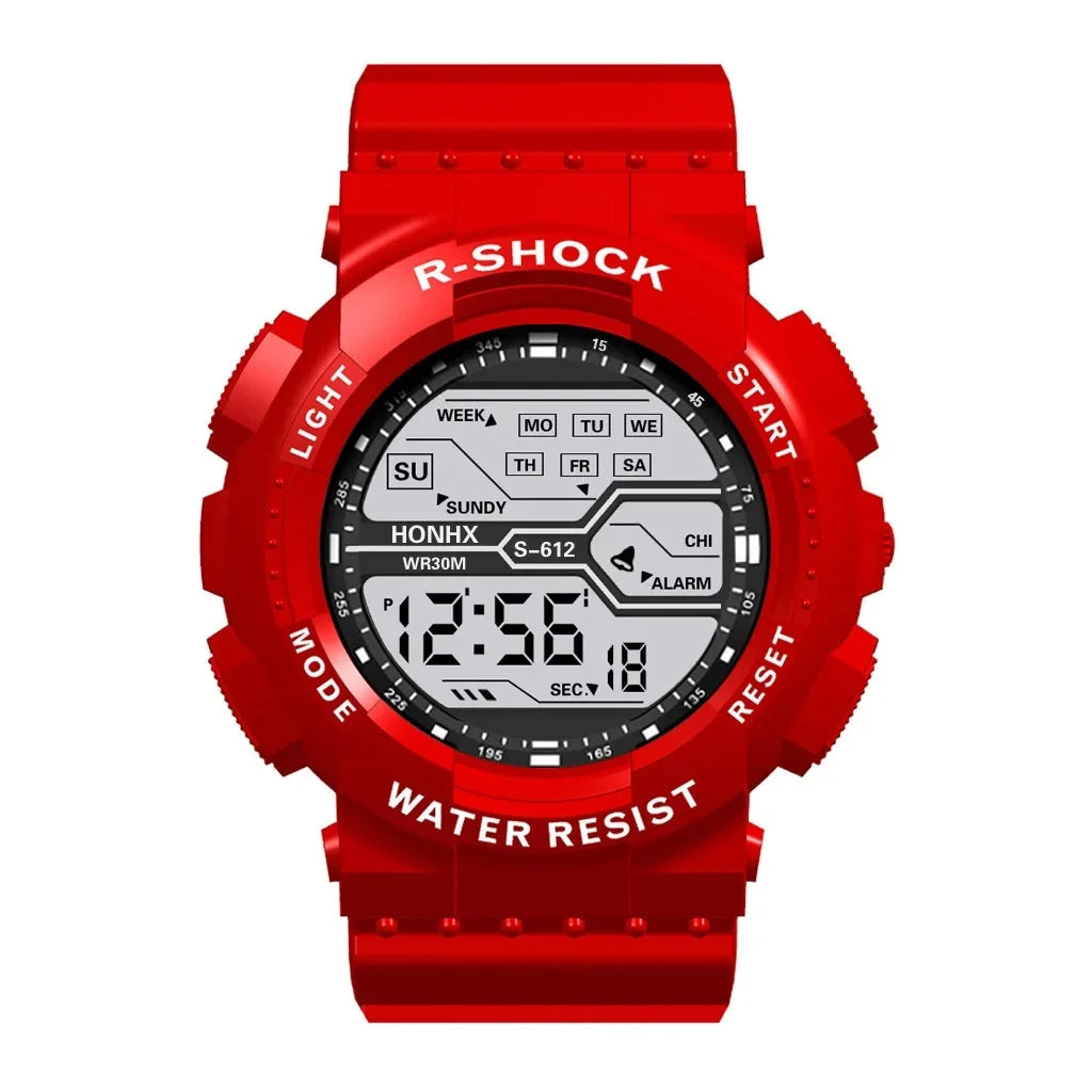 Red digital watch with 'R-Shock' branding on a white background