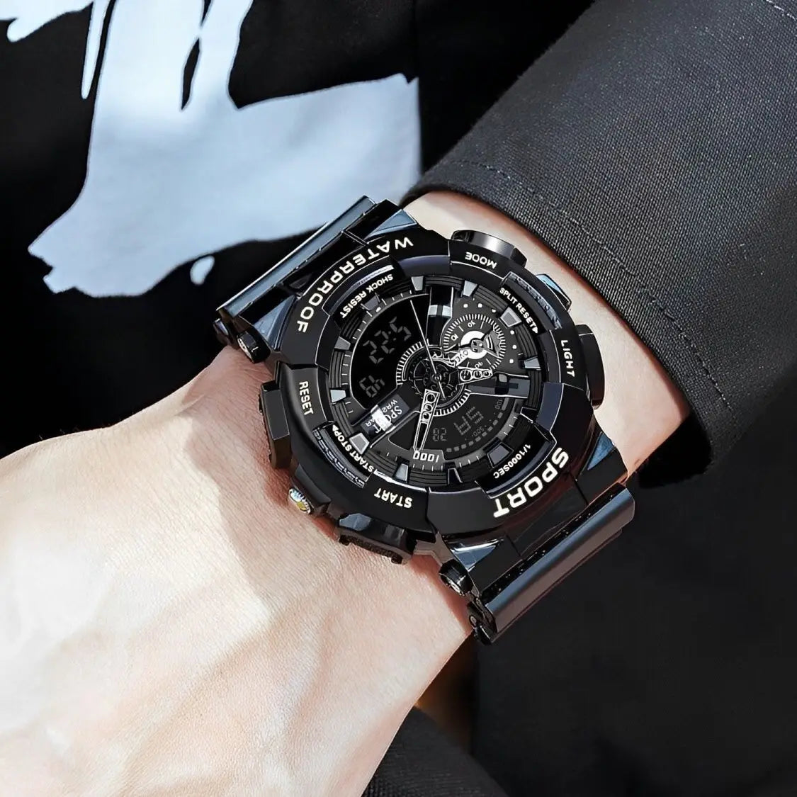 Black sports watch on a wrist with a dark background