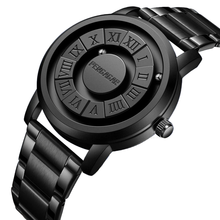 Black wristwatch with Roman numeral design on a dark background