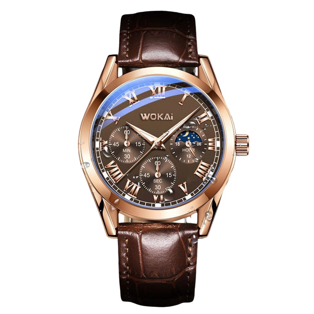 Wristwatch with brown leather strap and rose gold case on white background