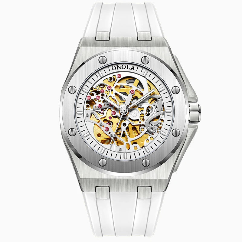 Silver watch with visible mechanical components on a white background