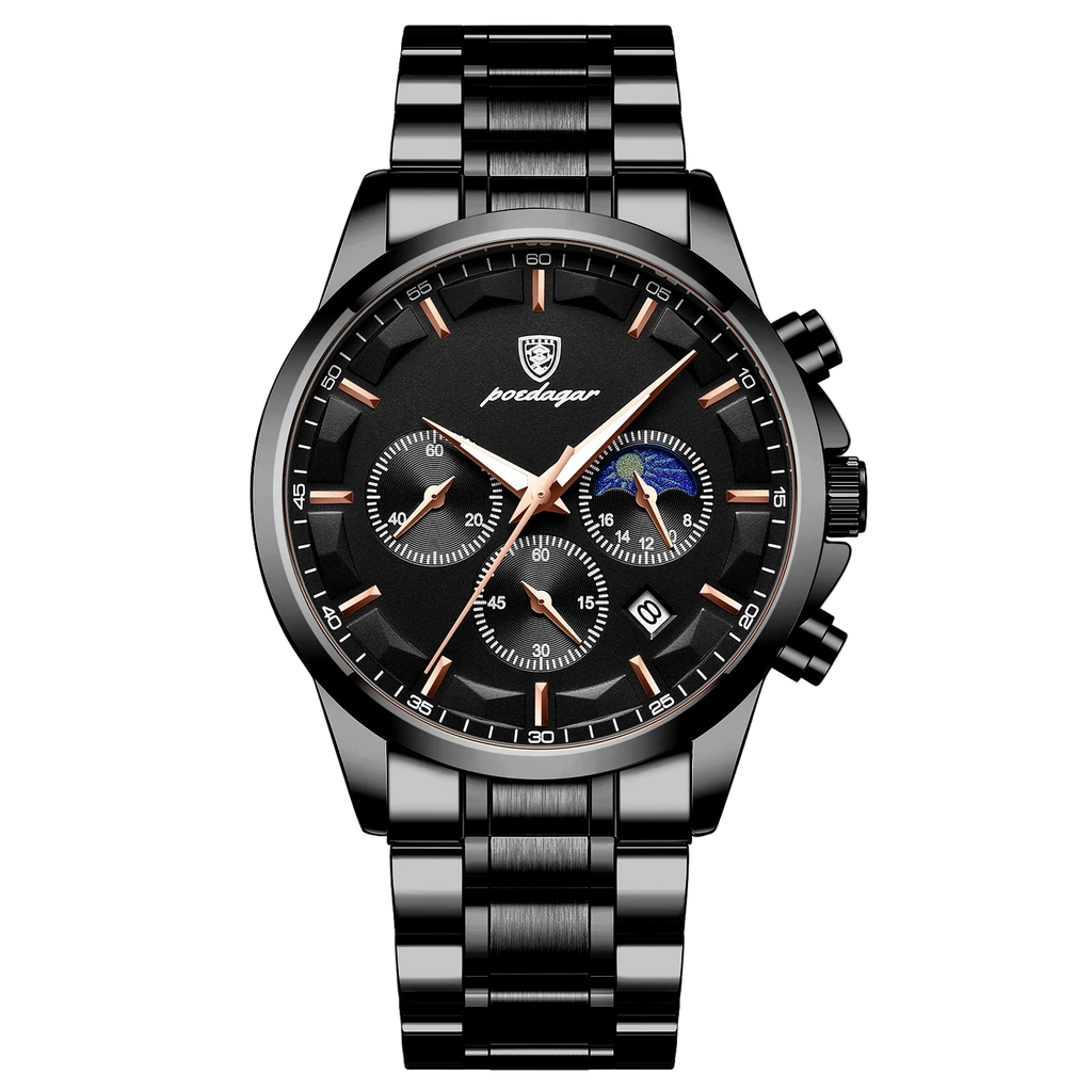 Black and silver watch with detailed face on a white background, featuring the Poedagar brand.