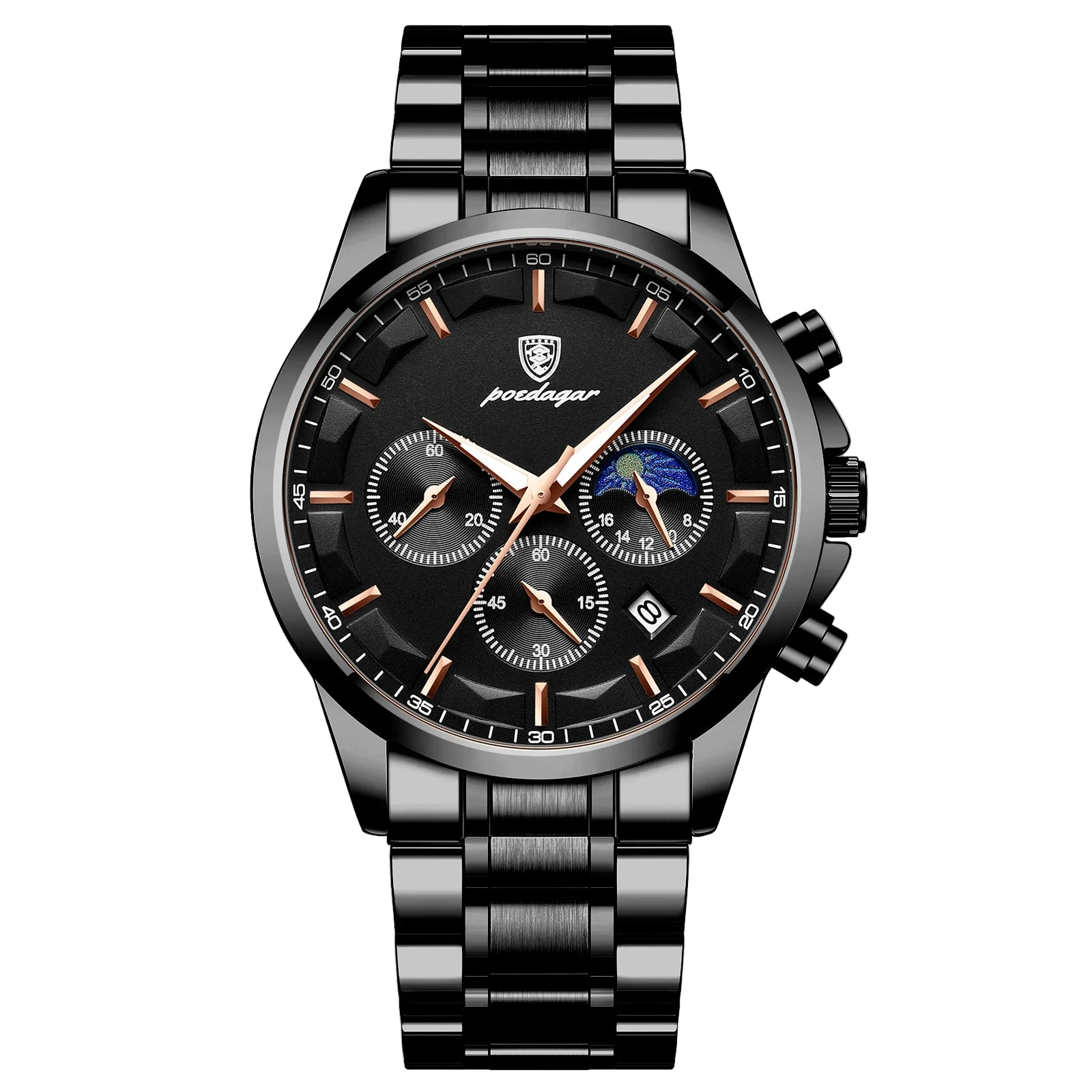 Black and silver watch with detailed face on a white background, featuring the Poedagar brand.
