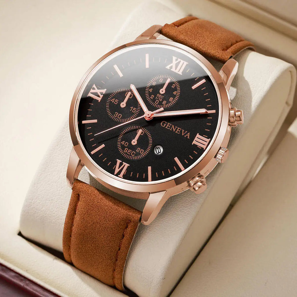 Fashion Roma Dial Men's Watch Casual Leather Strap Men Business Watches Analog Quartz Wristwatches with Calendar（Without B...