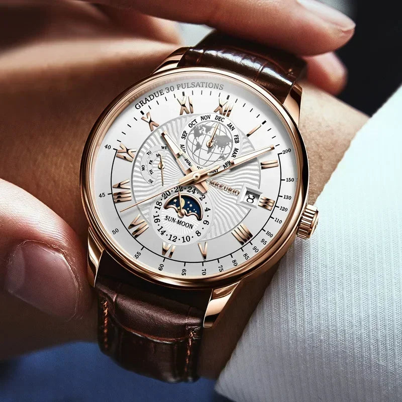 Luxury wristwatch with detailed face held by a hand