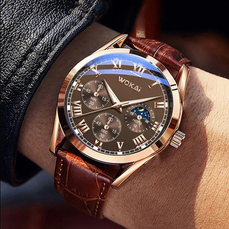 Wristwatch with brown leather strap and gold case on a wrist, brand 'WOKAI' visible.