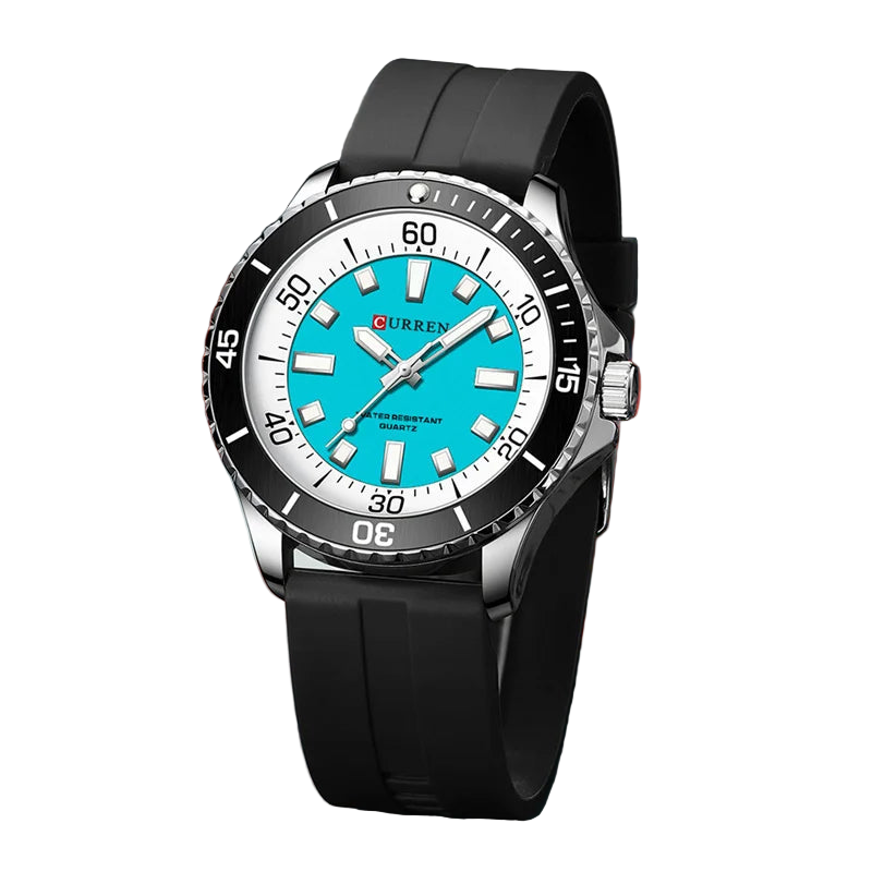 Wristwatch with black strap and blue face on a blurred background