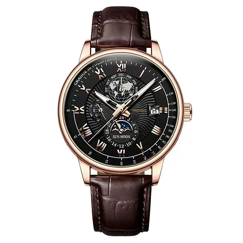 Luxury watch with brown leather strap and black dial on a white background