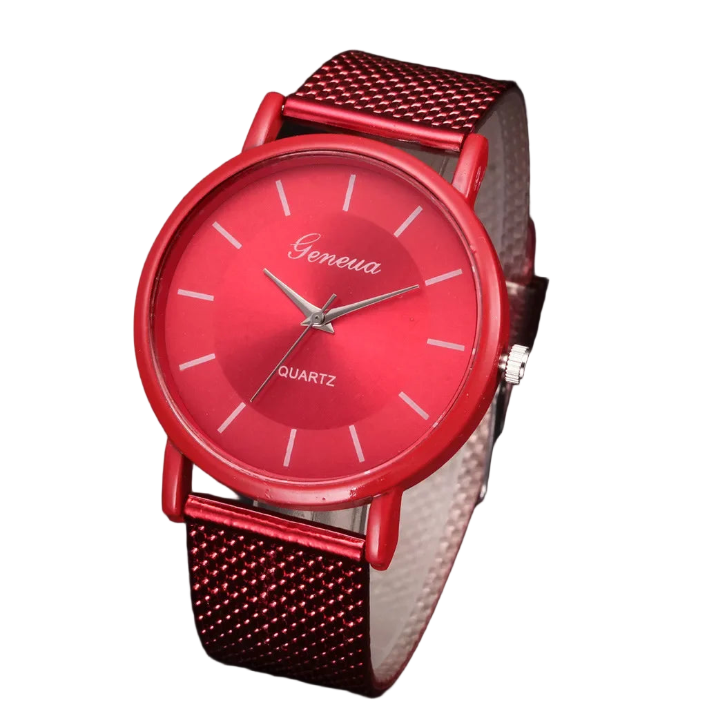 Red watch with 'Geneva' branding on a dark surface