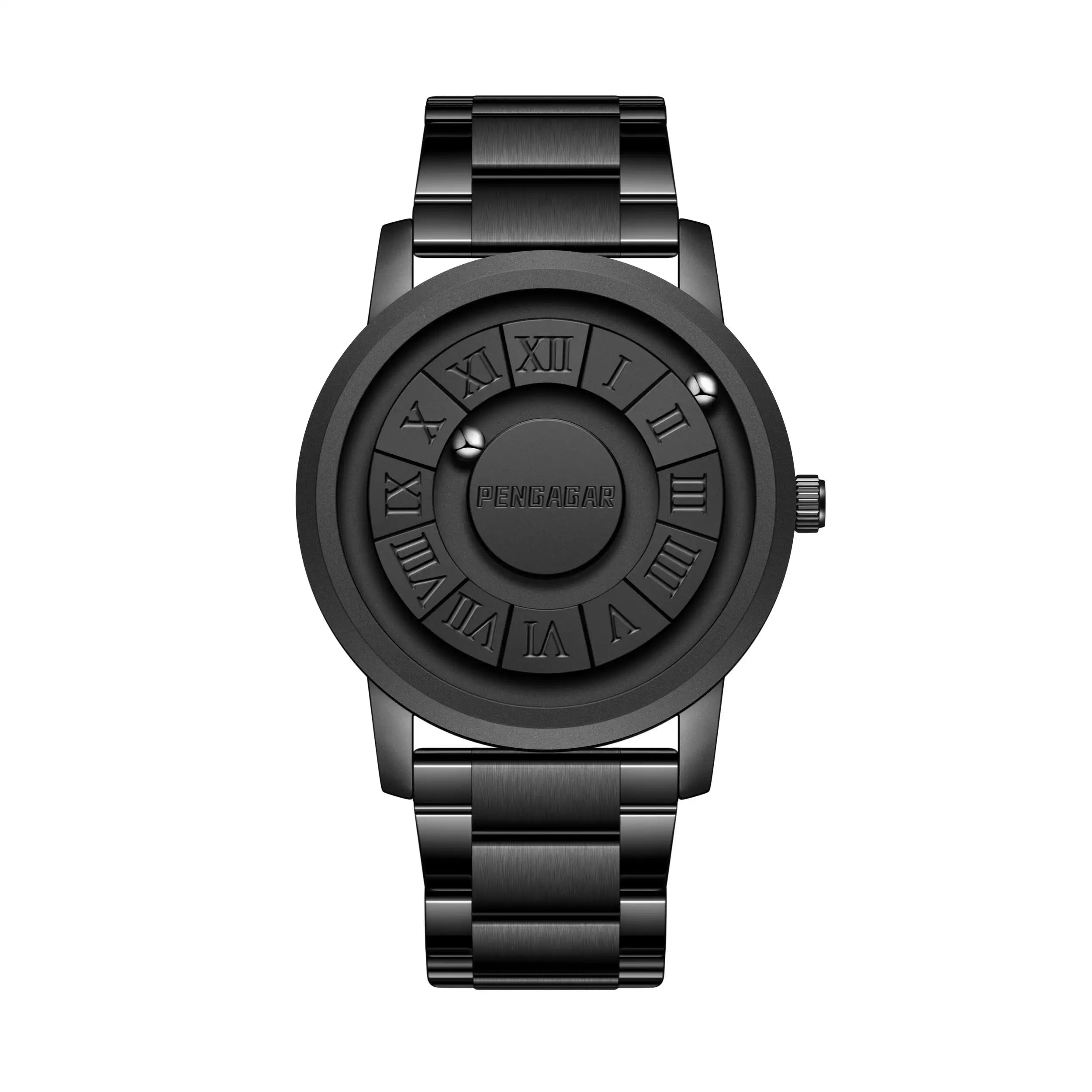 Black wristwatch with Roman numeral design on a white background
